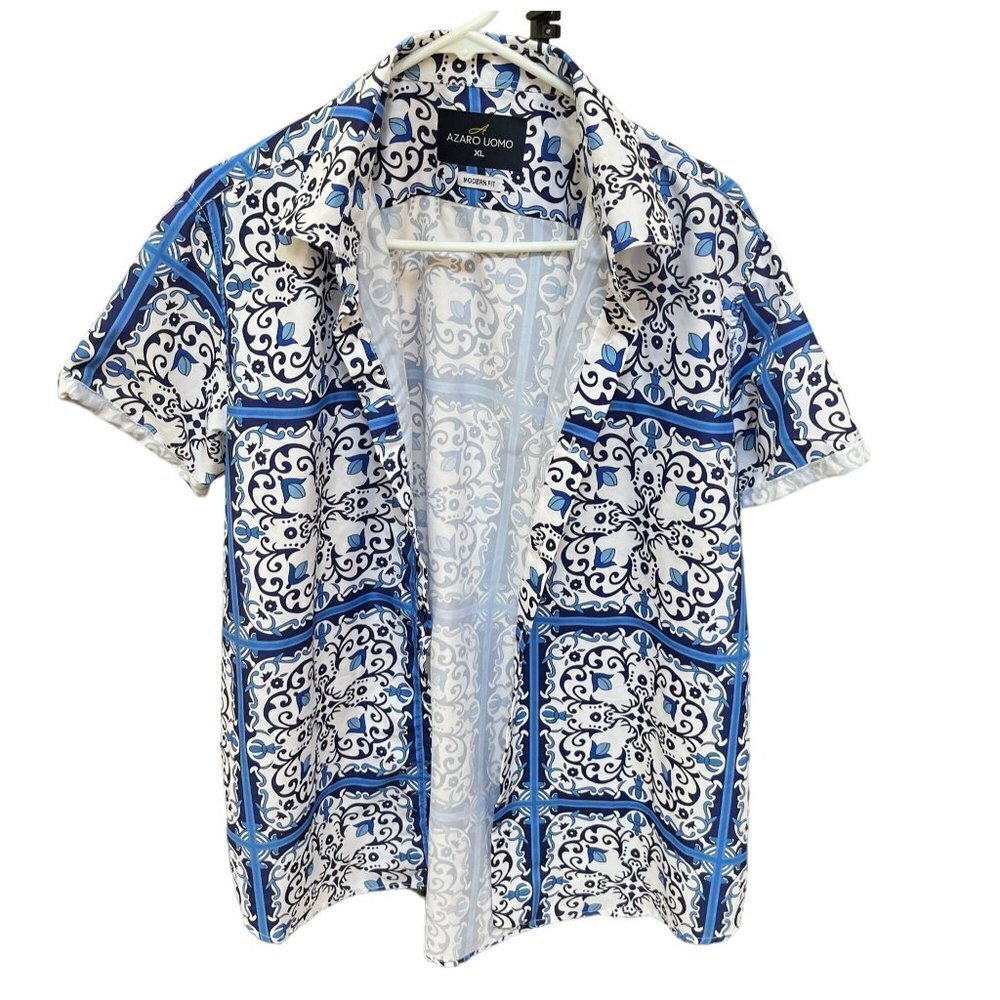 Vintage Azaro Uomo Shirt Mens‎ XL Blue Geometric All Over Print NWOT